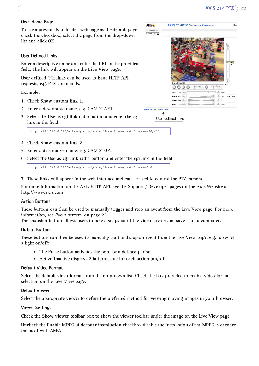 Axis Communications 214 PTZ Own Home, User Defined Links, Check Show custom link, Action Buttons, Output Buttons 