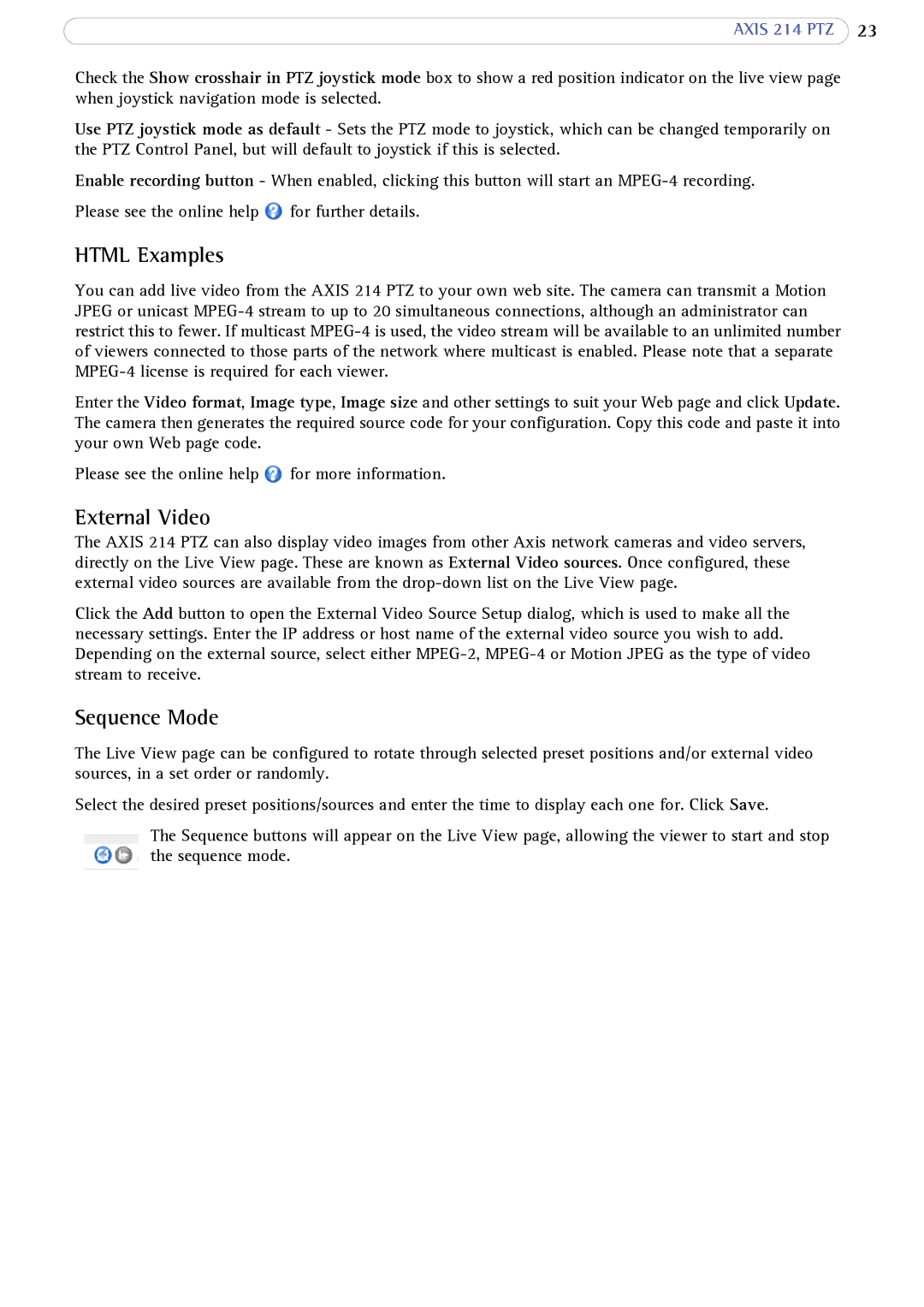 Axis Communications 214 PTZ user manual Html Examples, External Video, Sequence Mode 