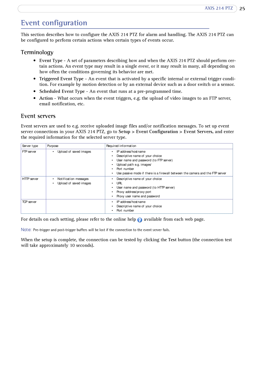 Axis Communications 214 PTZ user manual Event configuration, Terminology, Event servers 