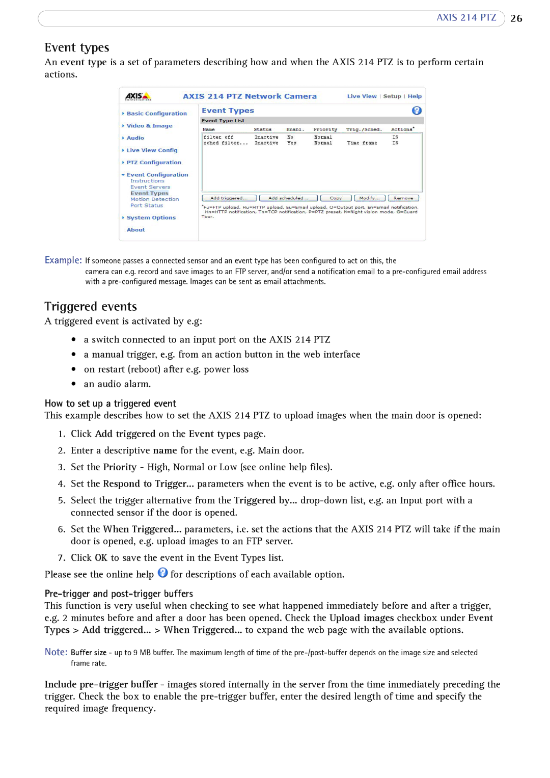 Axis Communications 214 PTZ user manual Event types, Triggered events, How to set up a triggered event 