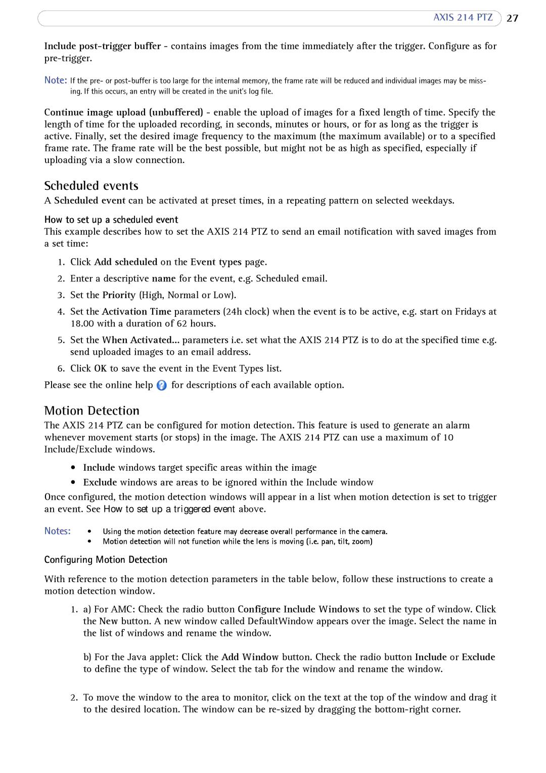 Axis Communications 214 PTZ user manual Scheduled events, Motion Detection, How to set up a scheduled event 