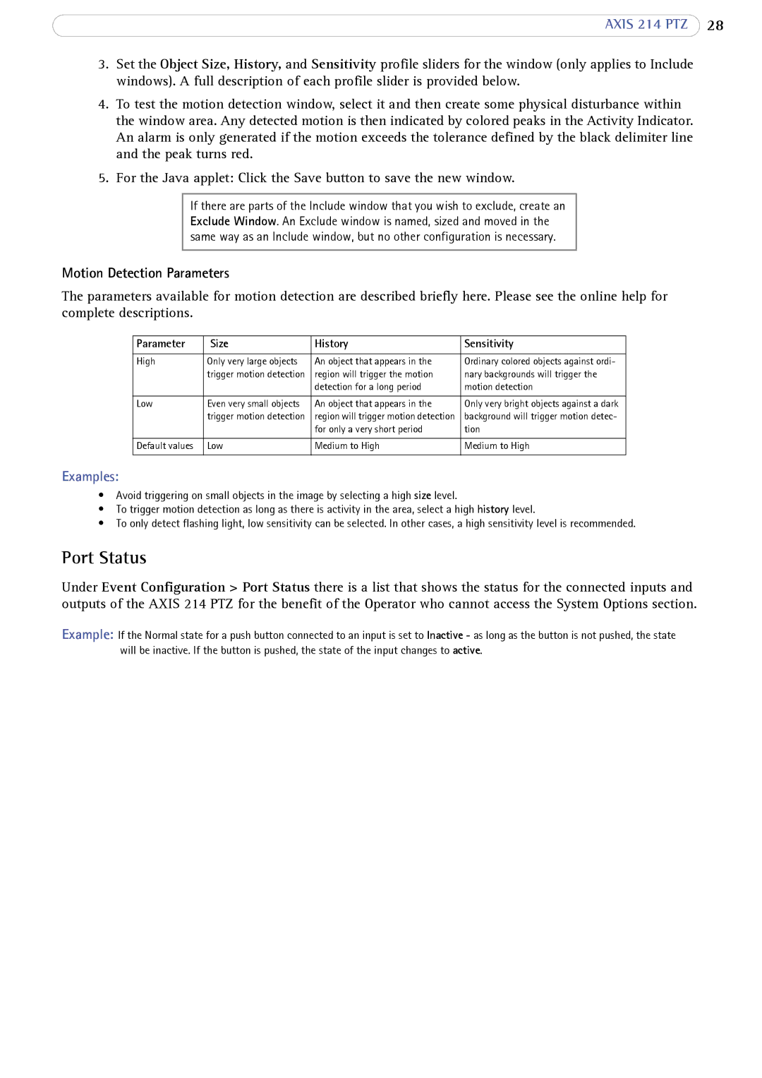 Axis Communications 214 PTZ user manual Port Status, Motion Detection Parameters 