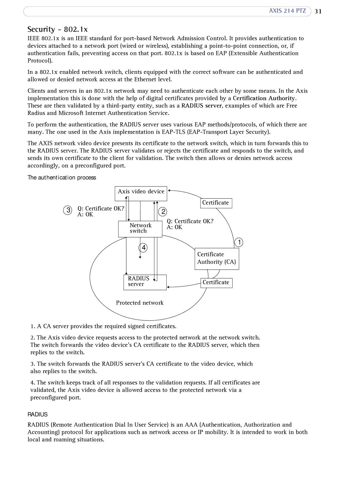 Axis Communications 214 PTZ user manual Security, Authentication process, Radius 