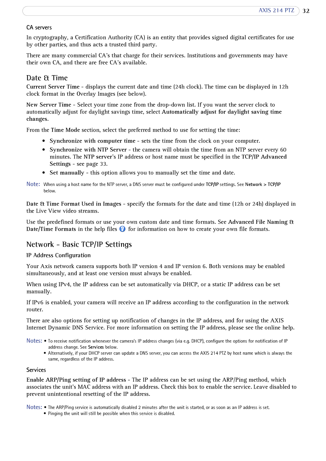 Axis Communications 214 PTZ Date & Time, Network Basic TCP/IP Settings, CA servers, IP Address Configuration, Services 