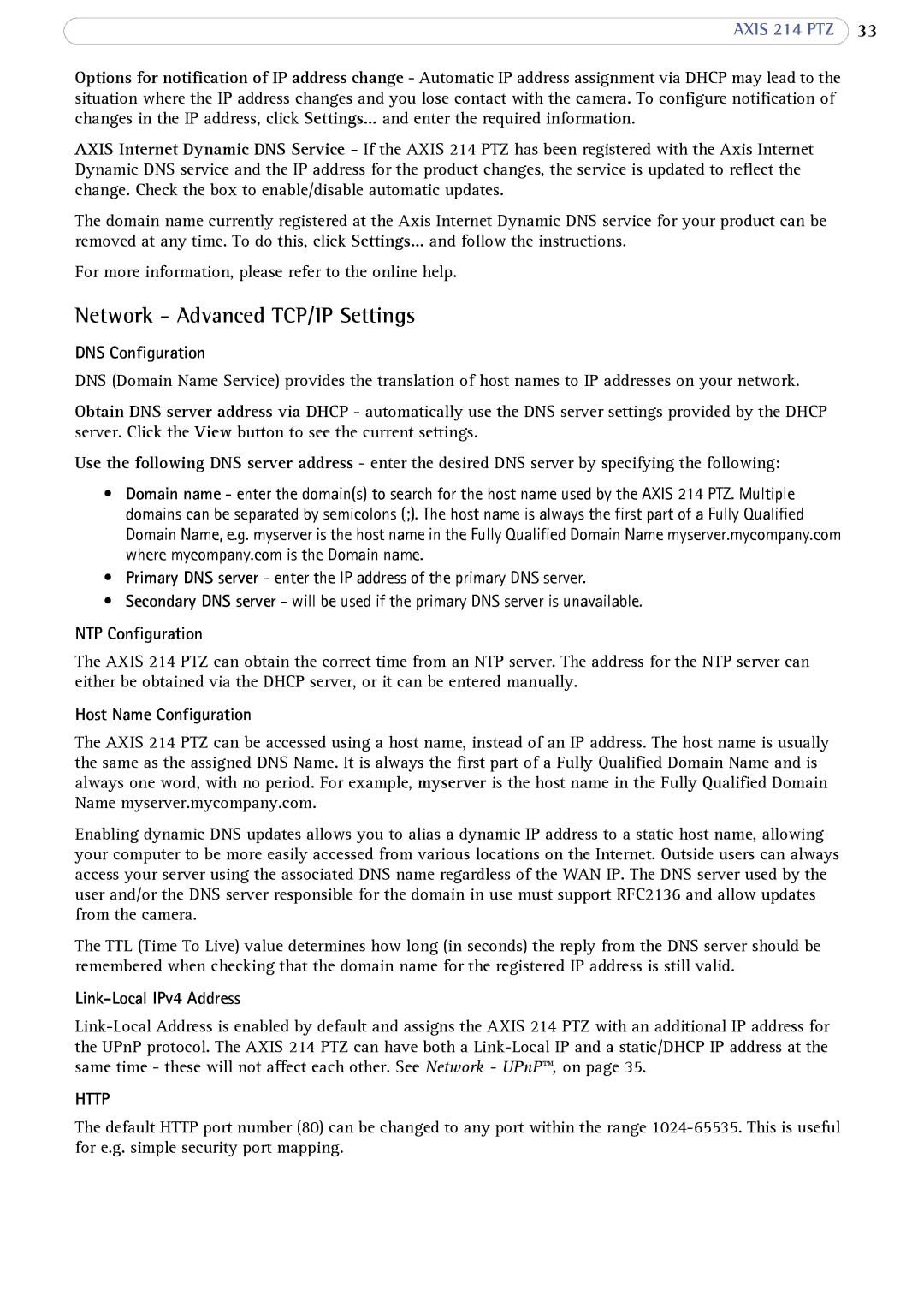 Axis Communications 214 PTZ user manual Network Advanced TCP/IP Settings, Http 