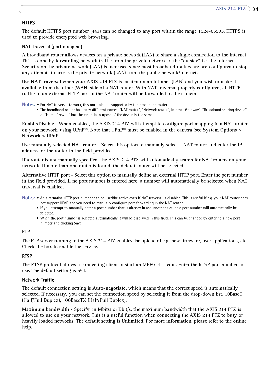 Axis Communications 214 PTZ user manual Https, NAT Traversal port mapping, Ftp, Rtsp, Network Traffic 