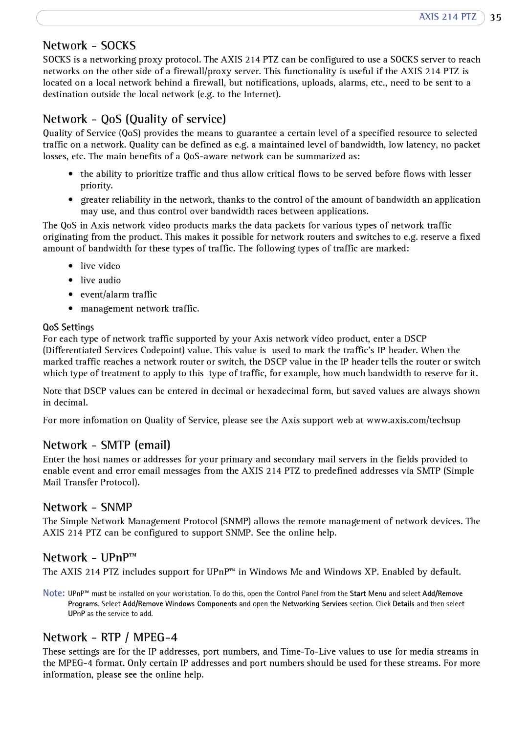 Axis Communications 214 PTZ Network Socks, Network QoS Quality of service, Network Smtp email, Network Snmp, Network UPnP 