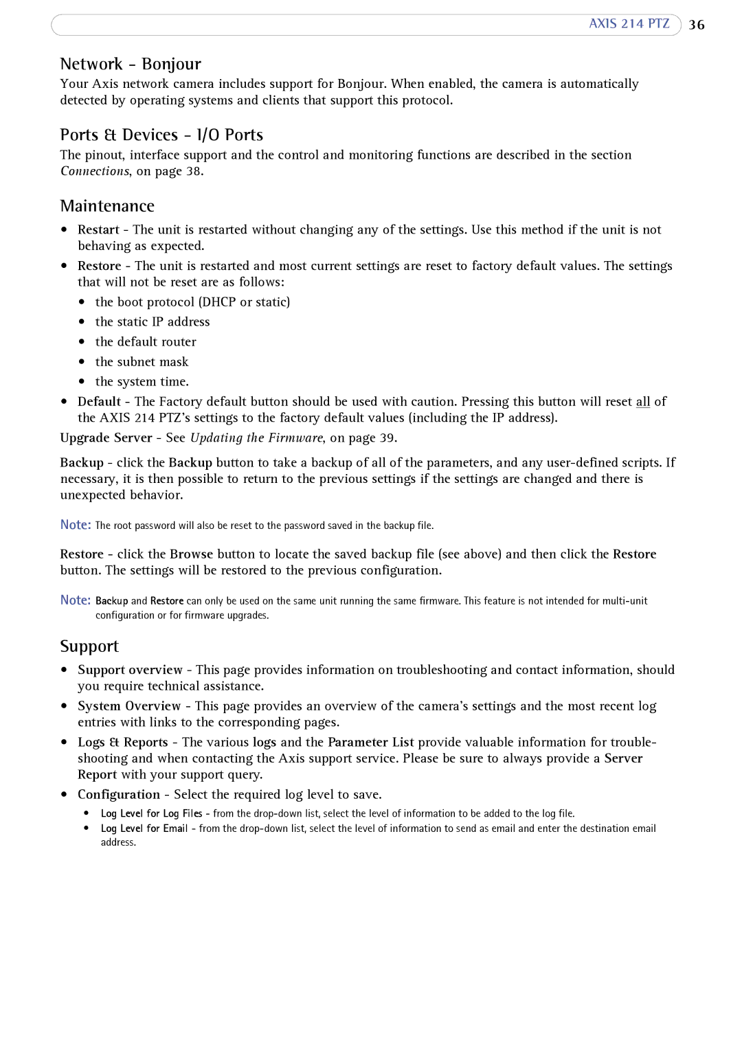 Axis Communications 214 PTZ user manual Network Bonjour, Ports & Devices I/O Ports, Maintenance, Support 