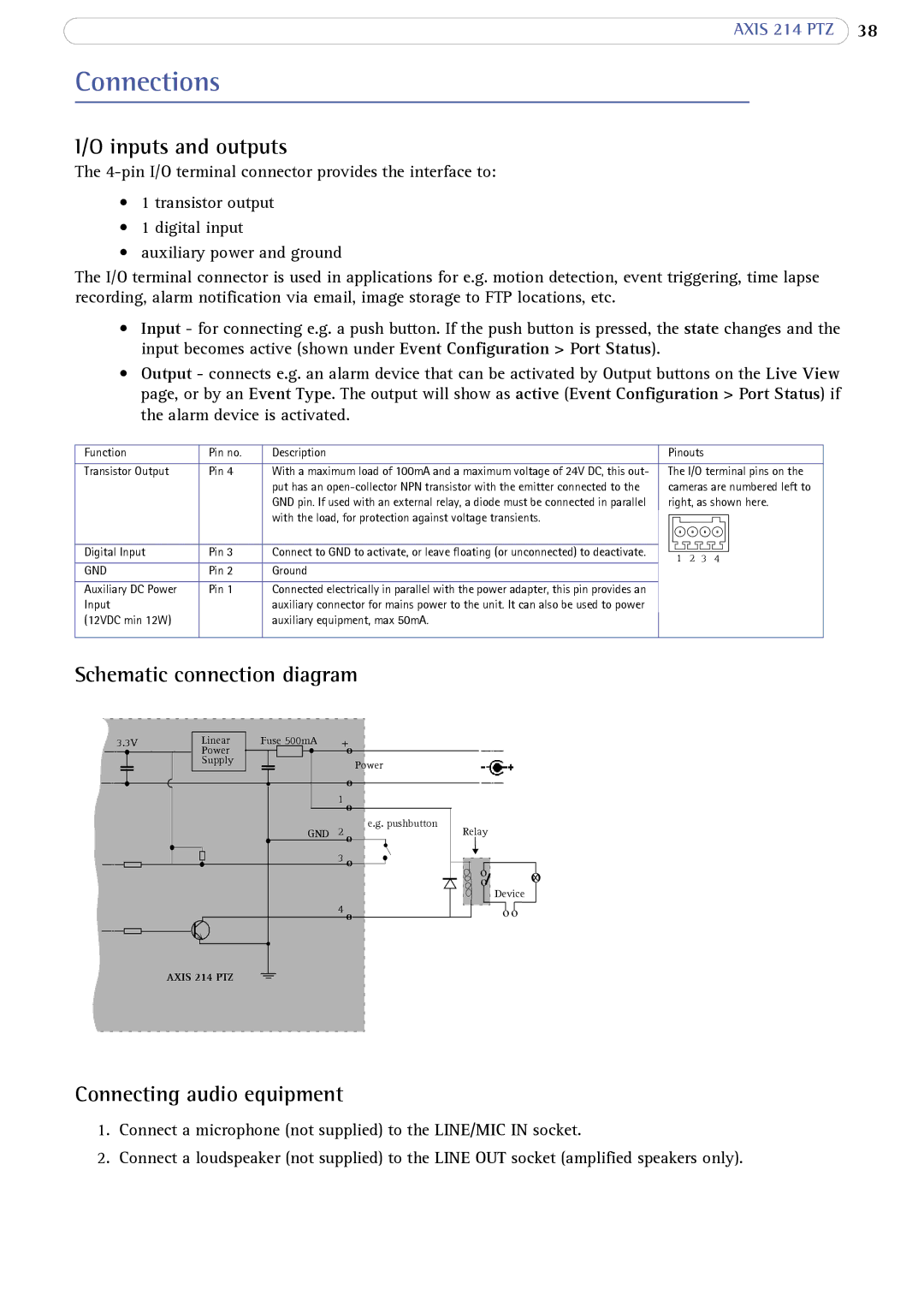 Axis Communications 214 PTZ Connections, Inputs and outputs, Schematic connection diagram, Connecting audio equipment 