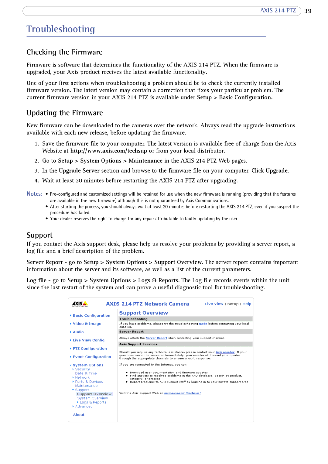 Axis Communications 214 PTZ user manual Troubleshooting, Checking the Firmware, Updating the Firmware 