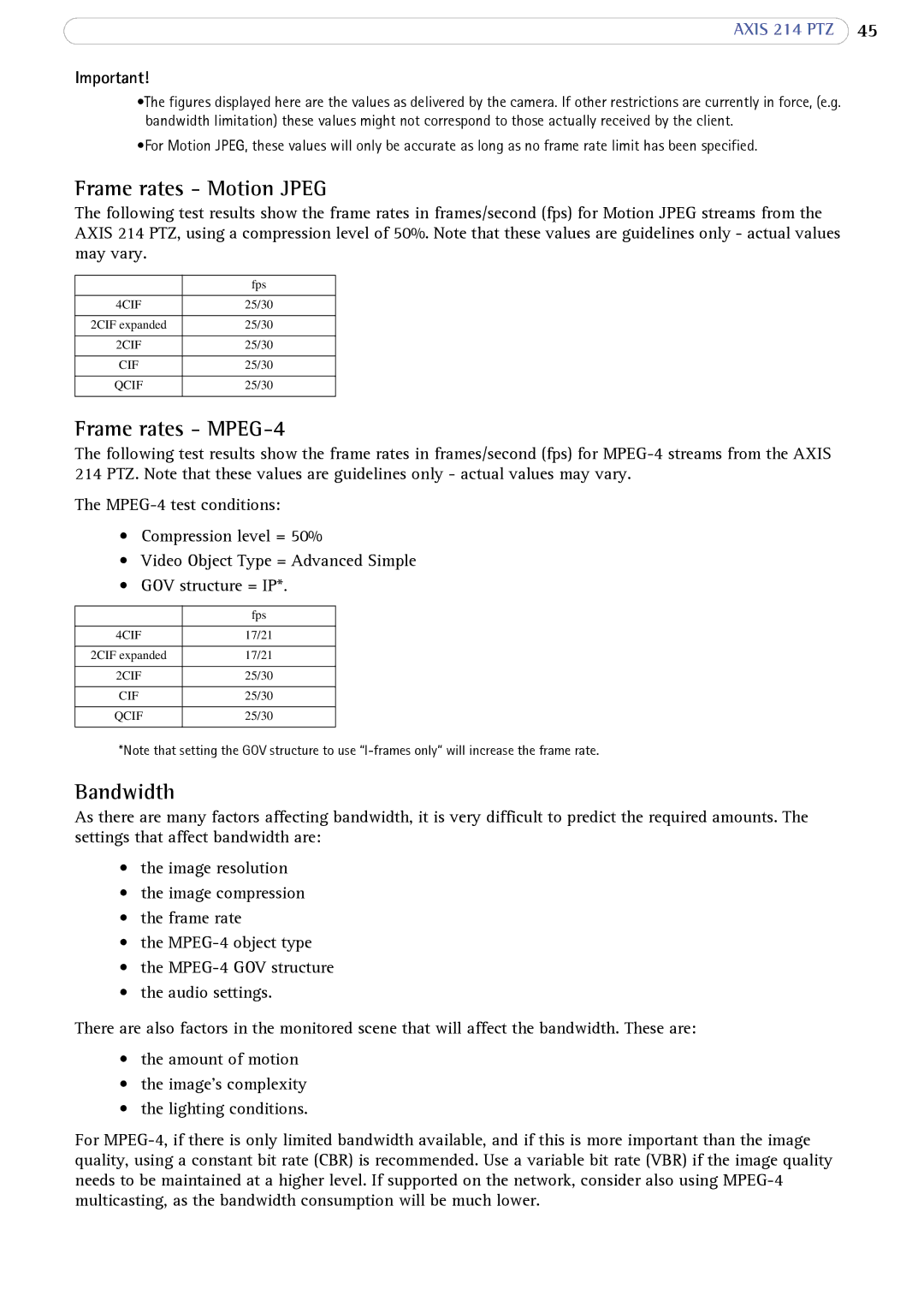 Axis Communications 214 PTZ user manual Frame rates Motion Jpeg, Frame rates MPEG-4, Bandwidth 