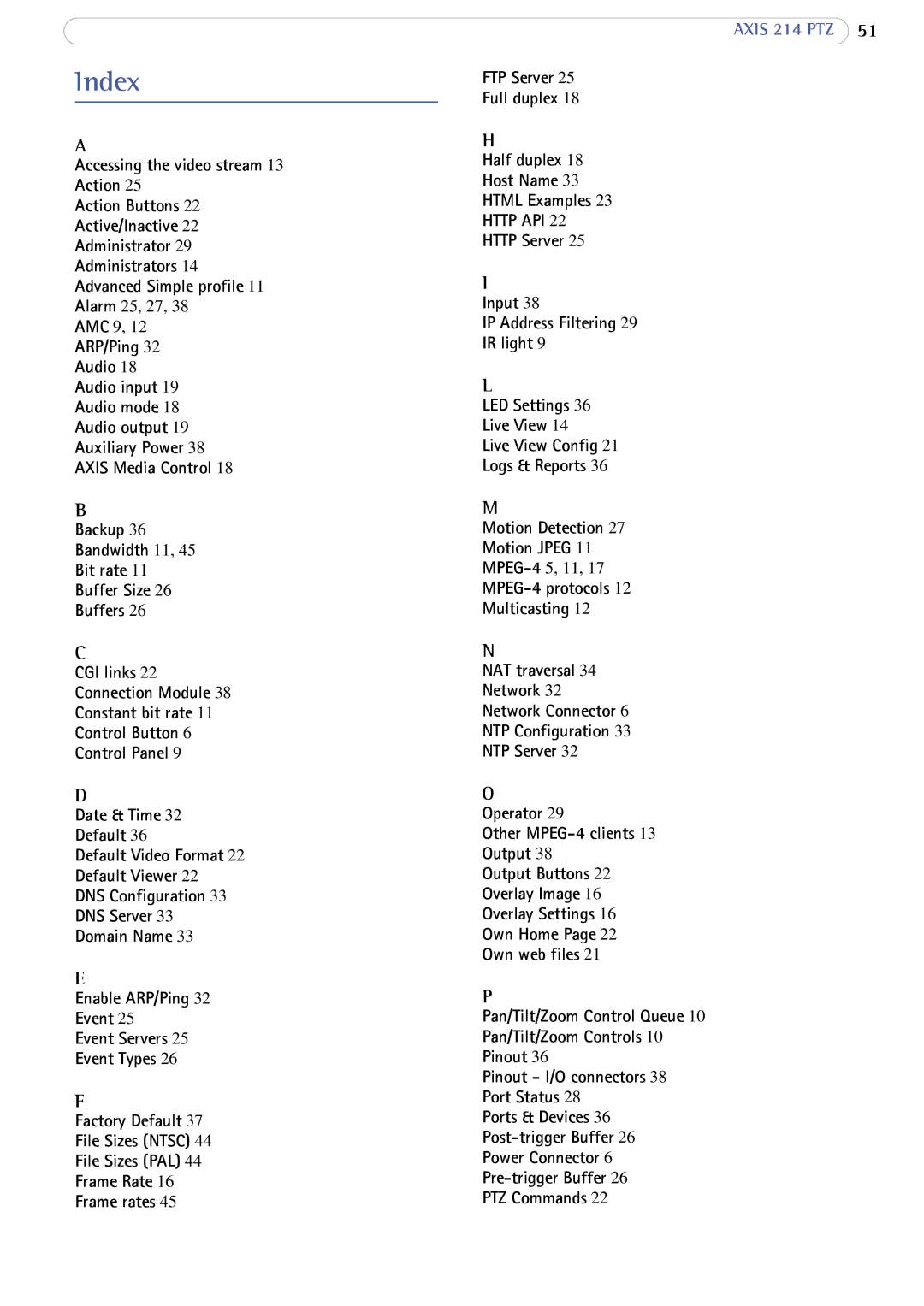 Axis Communications 214 PTZ user manual Index, FTP Server Full duplex Half duplex Host Name Html Examples, Http API 