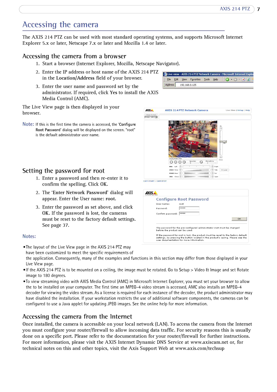 Axis Communications 214 PTZ user manual Accessing the camera from a browser, Setting the password for root 