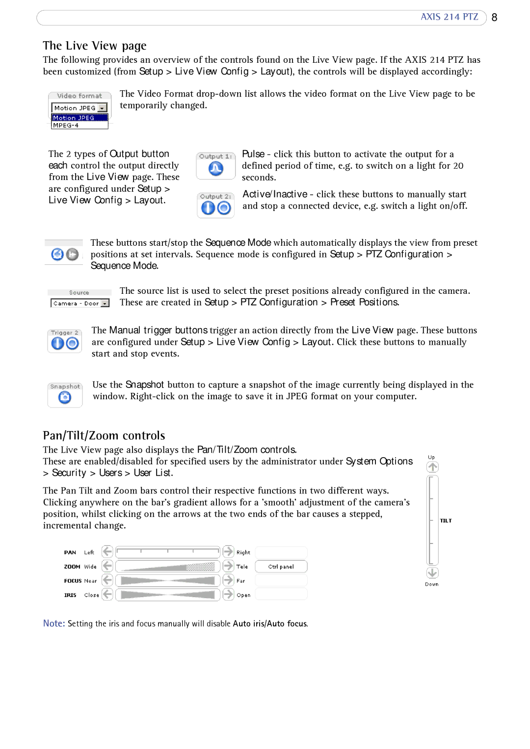 Axis Communications 214 PTZ user manual Live View, Pan/Tilt/Zoom controls 