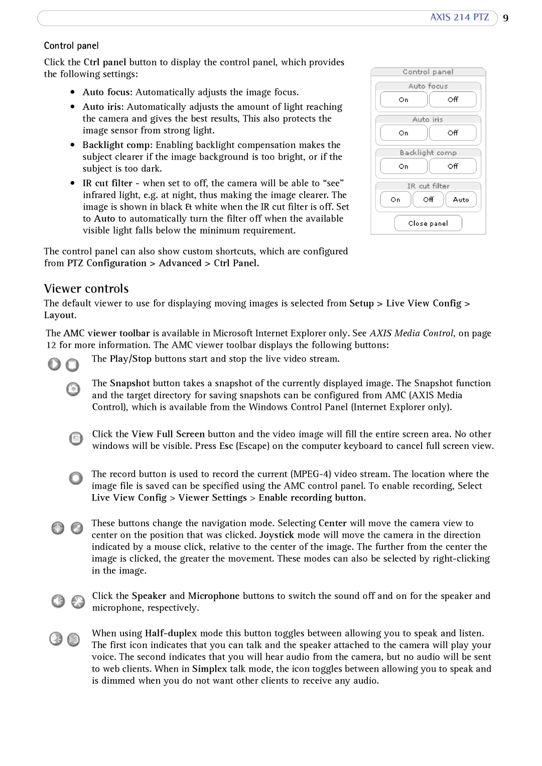 Axis Communications 214 PTZ user manual Viewer controls, Control panel 