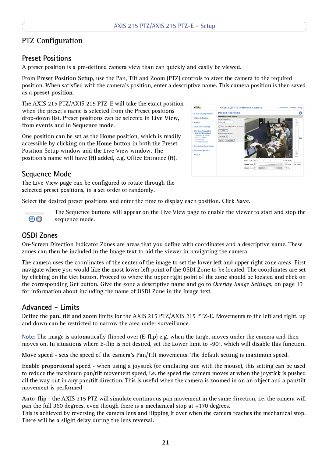Axis Communications 215 PTZ-E user manual PTZ Configuration Preset Positions, Sequence Mode, Osdi Zones, Advanced Limits 