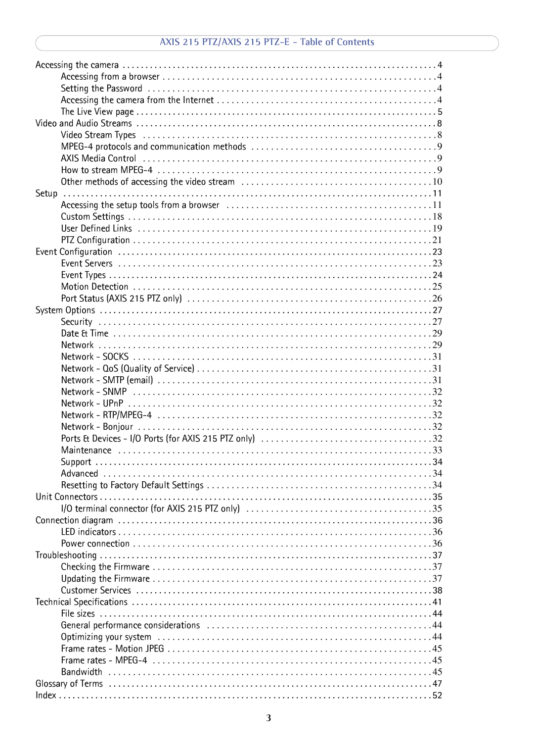 Axis Communications user manual Axis 215 PTZ/AXIS 215 PTZ-E Table of Contents 