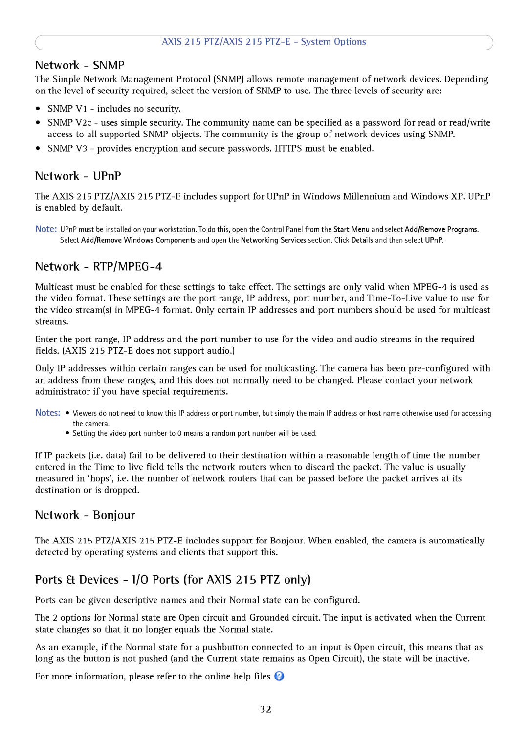 Axis Communications 215 PTZ-E user manual Network Snmp, Network UPnP, Network RTP/MPEG-4, Network Bonjour 