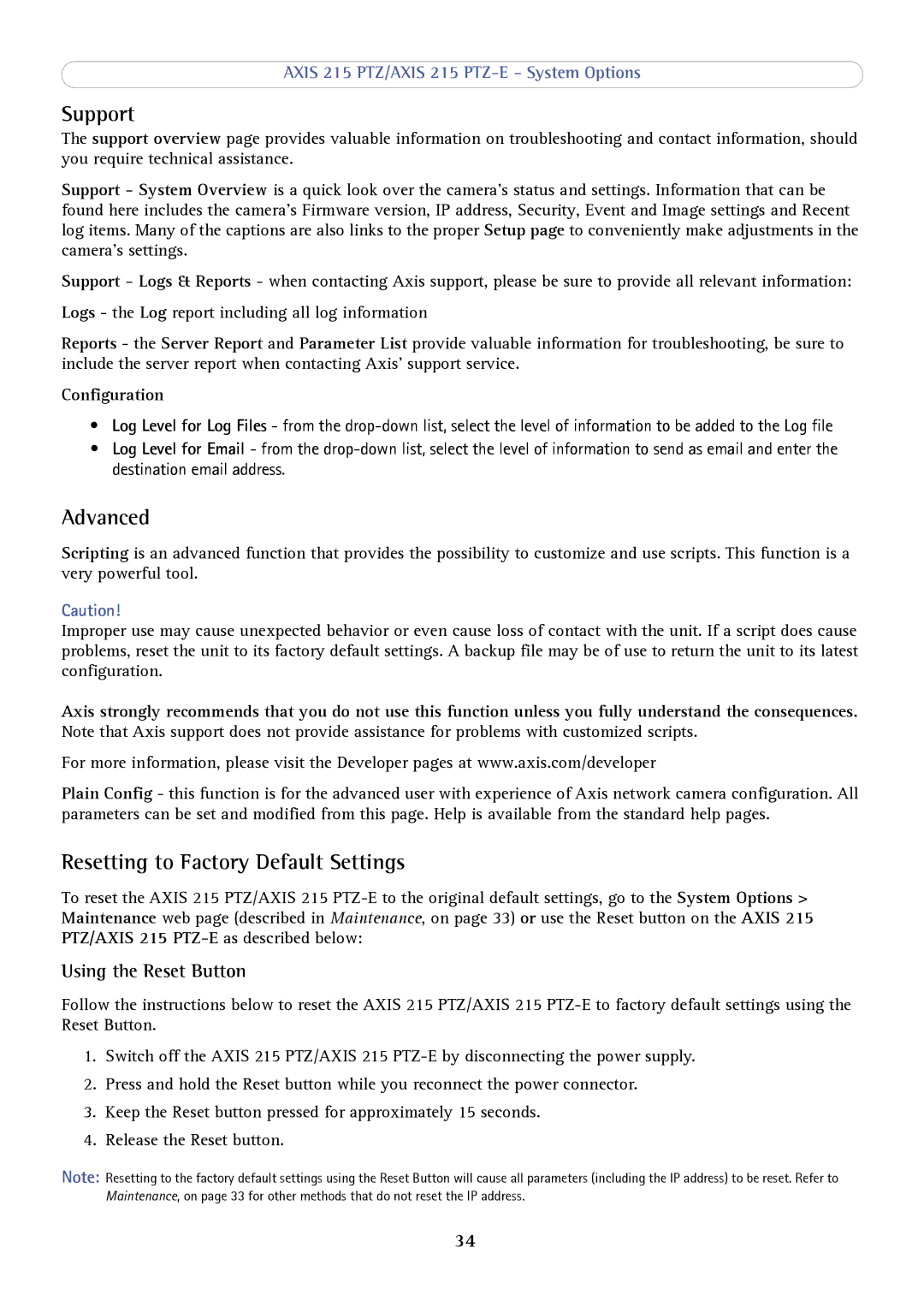 Axis Communications 215 PTZ-E user manual Support, Advanced, Resetting to Factory Default Settings, Configuration 