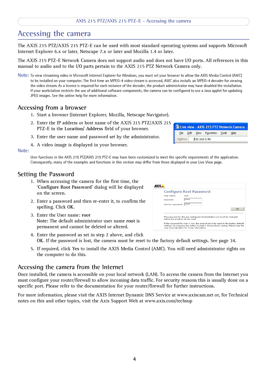 Axis Communications 215 PTZ-E user manual Accessing the camera, Accessing from a browser, Setting the Password 