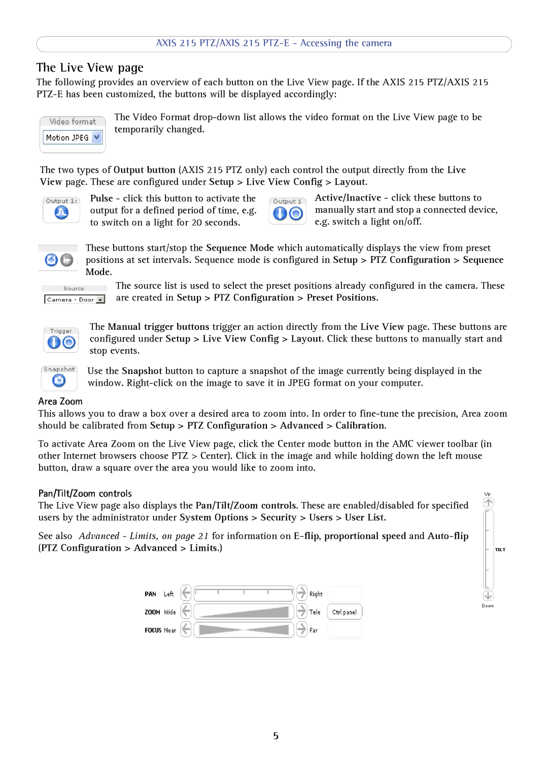 Axis Communications 215 PTZ-E user manual Live View, Area Zoom, Pan/Tilt/Zoom controls 