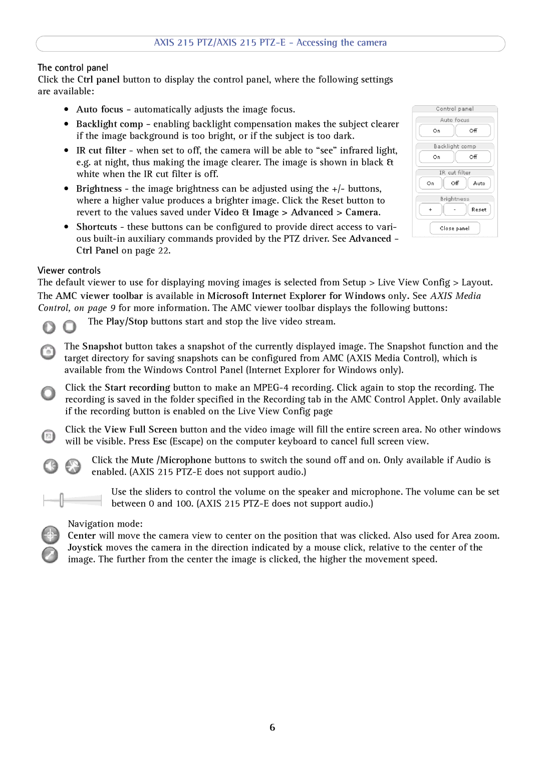 Axis Communications 215 PTZ-E user manual Control panel, Viewer controls 