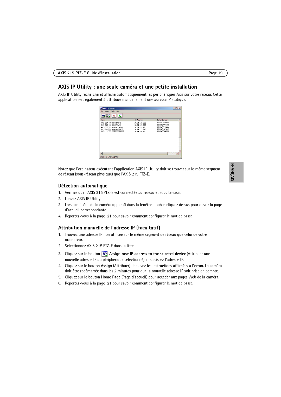 Axis Communications 215 PTZ-E manual Axis IP Utility une seule caméra et une petite installation, Détection automatique 