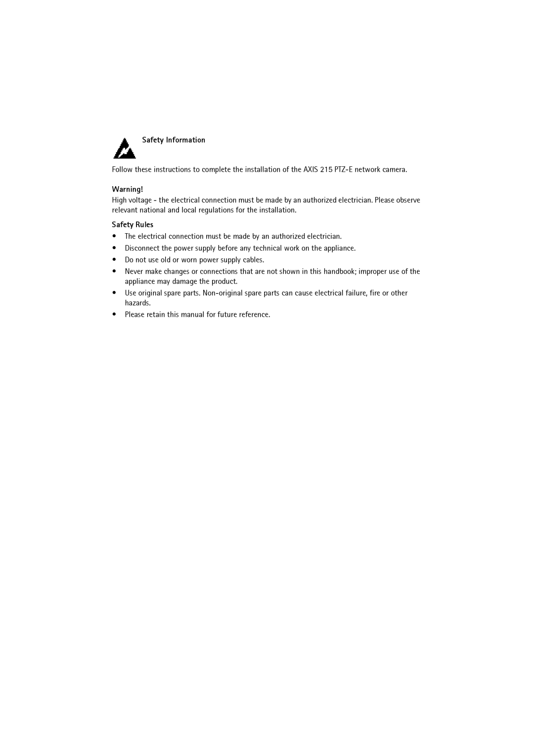 Axis Communications 215 PTZ-E manual Safety Information, Safety Rules 