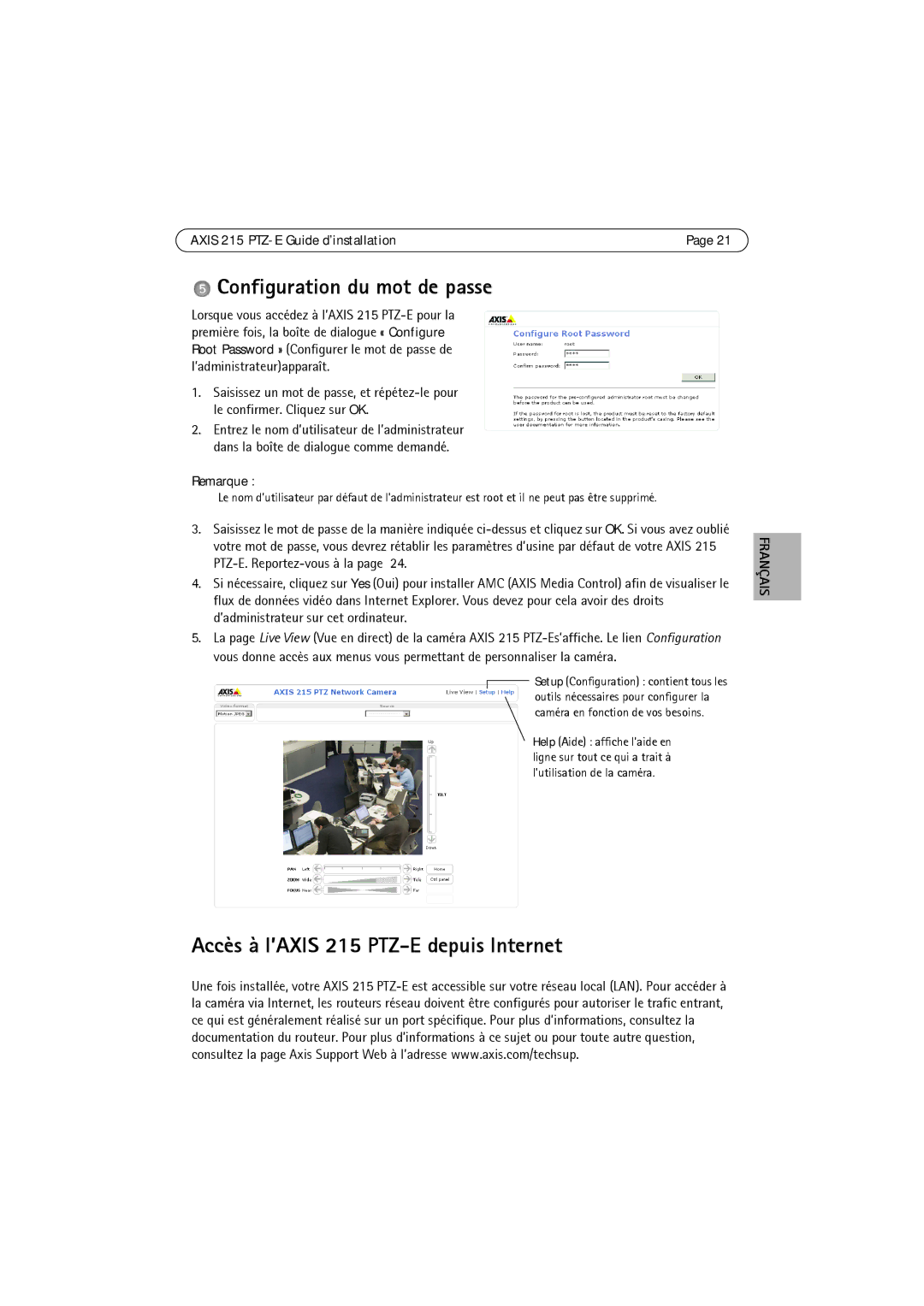 Axis Communications manual Configuration du mot de passe, Accès à l’AXIS 215 PTZ-E depuis Internet 