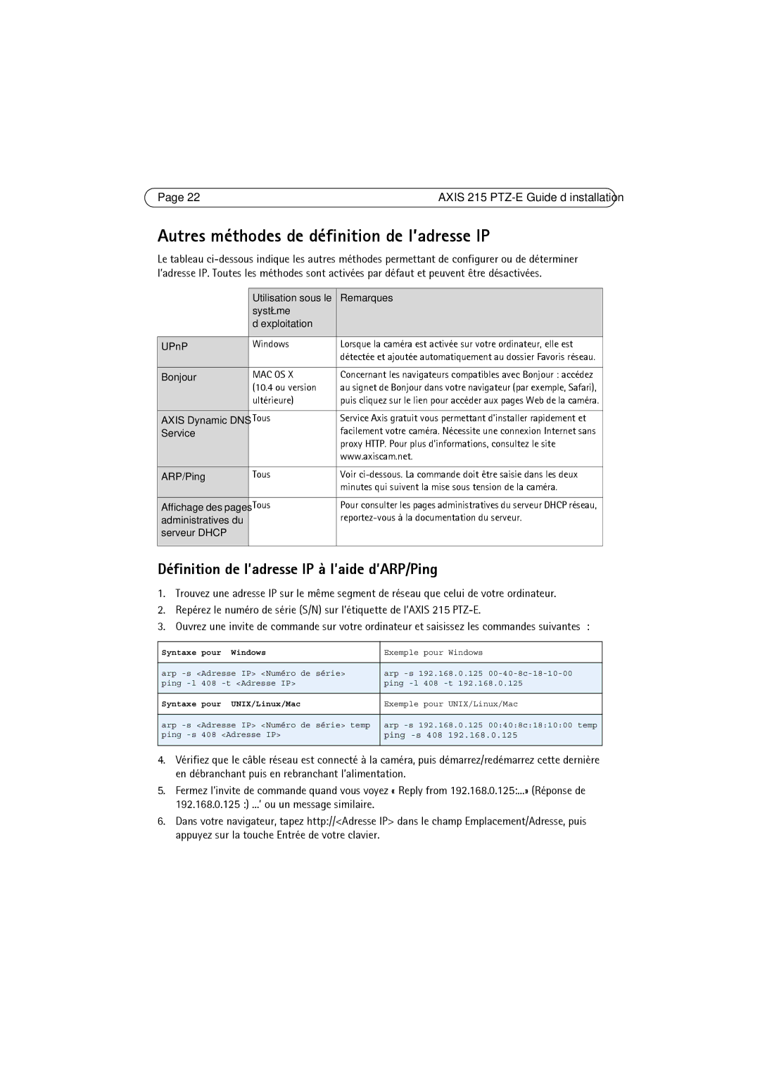 Axis Communications 215 PTZ-E manual Autres méthodes de définition de l’adresse IP, Remarques, Système ’exploitation UPnP 