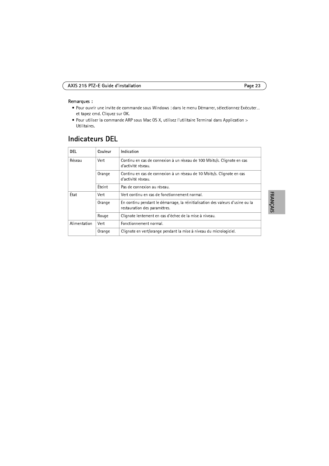 Axis Communications manual Indicateurs DEL, Axis 215 PTZ-E Guide d’installation Remarques, Couleur Indication 