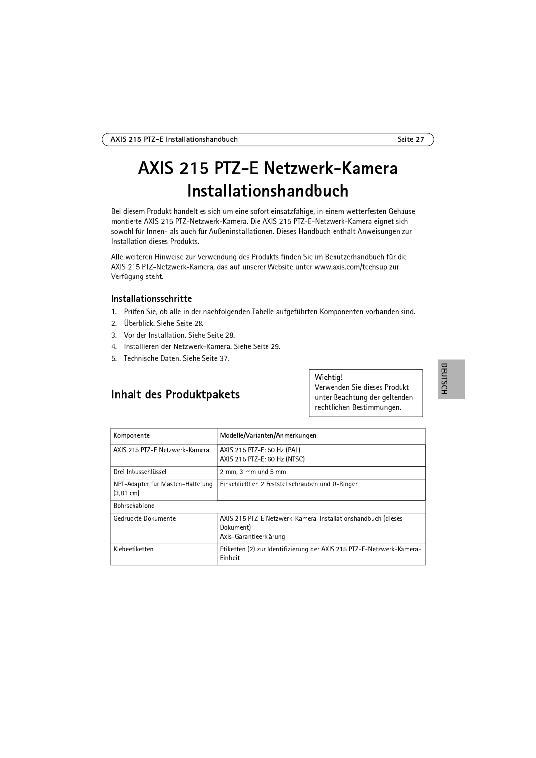 Axis Communications Inhalt des Produktpakets, Installationsschritte, Axis 215 PTZ-E Installationshandbuch, Wichtig 