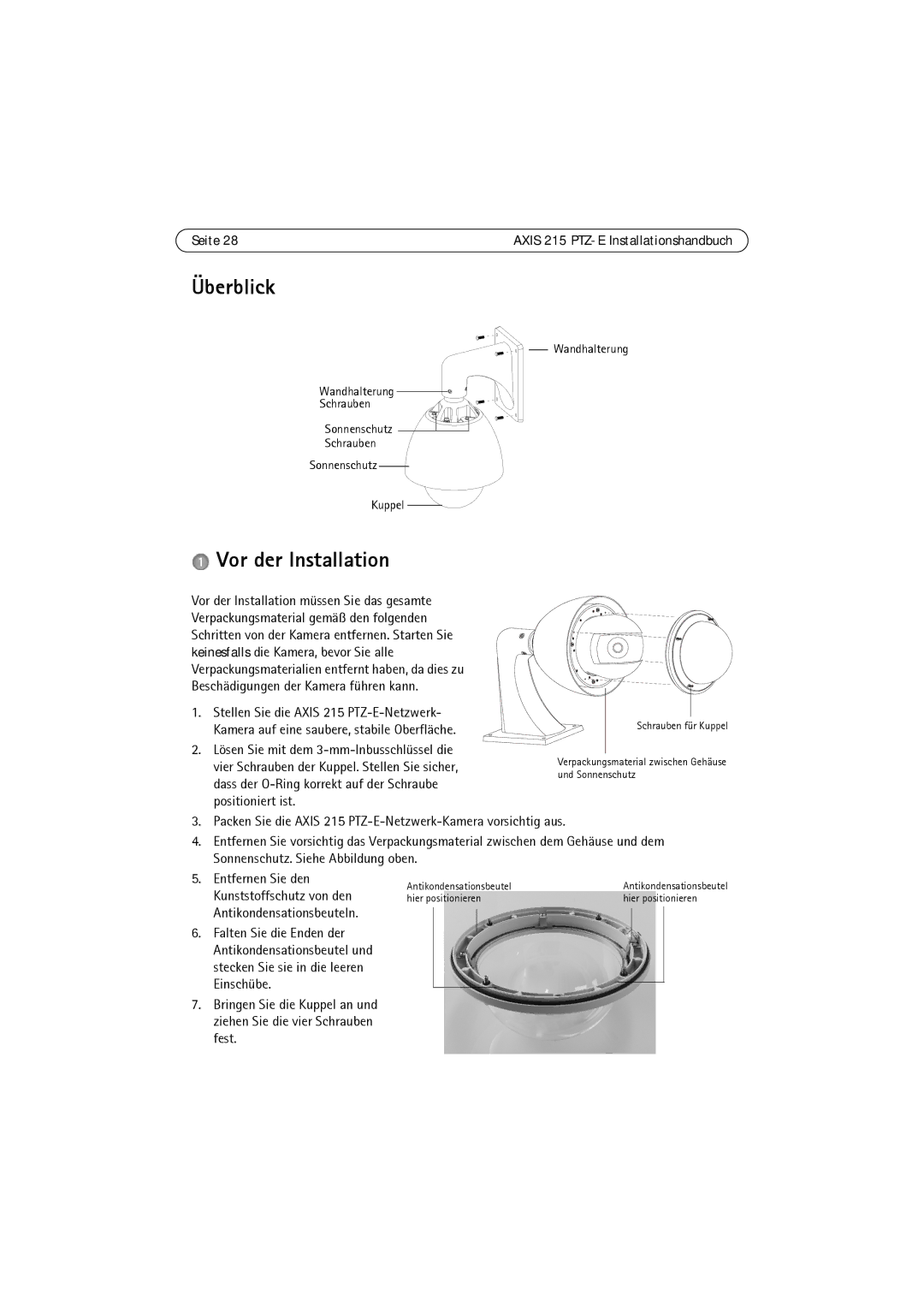 Axis Communications 215 PTZ-E manual Überblick, Vor der Installation, Seite, Wandhalterung Schrauben Sonnenschutz Kuppel 