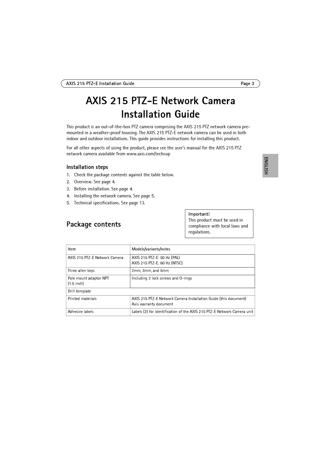 Axis Communications manual Axis 215 PTZ-E Network Camera Installation Guide, Package contents 