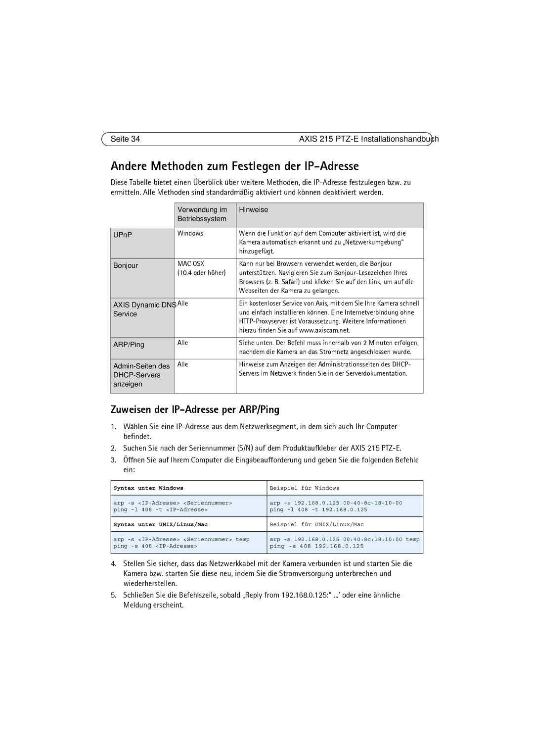 Axis Communications 215 PTZ-E Andere Methoden zum Festlegen der IP-Adresse, Zuweisen der IP-Adresse per ARP/Ping, Hinweise 