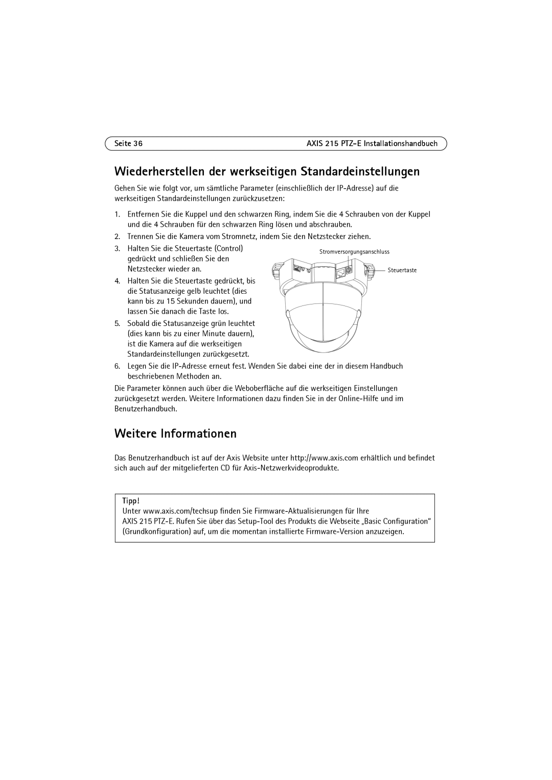 Axis Communications 215 PTZ-E manual Weitere Informationen, Tipp 