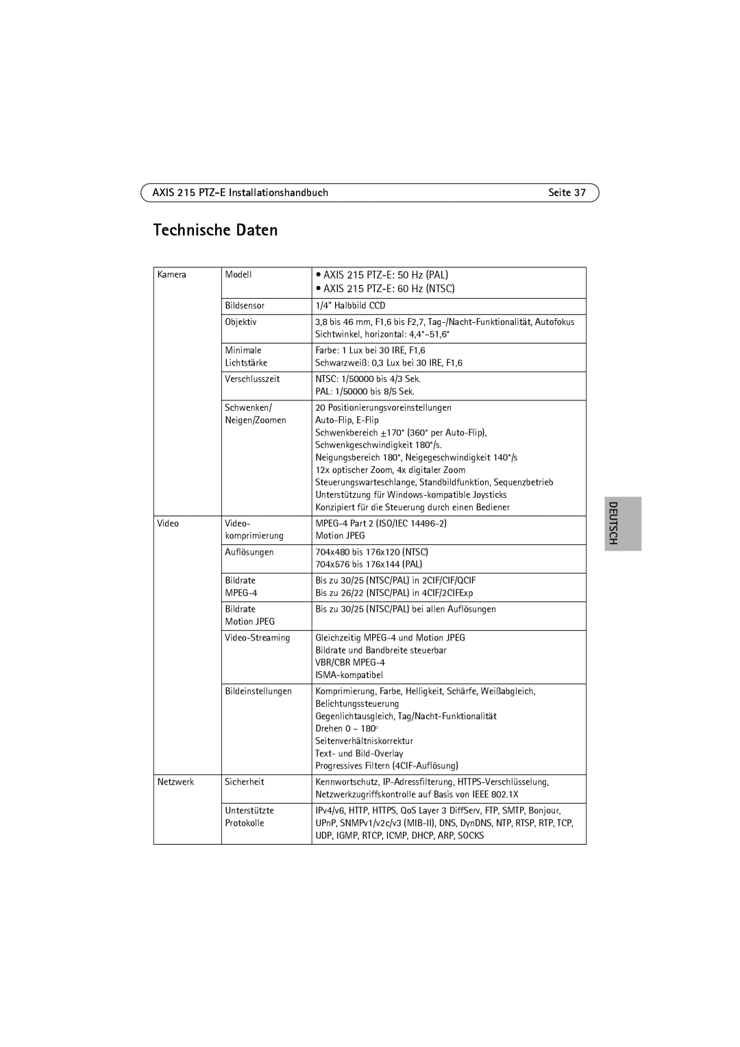 Axis Communications manual Technische Daten, Axis 215 PTZ-E Installationshandbuch Seite 