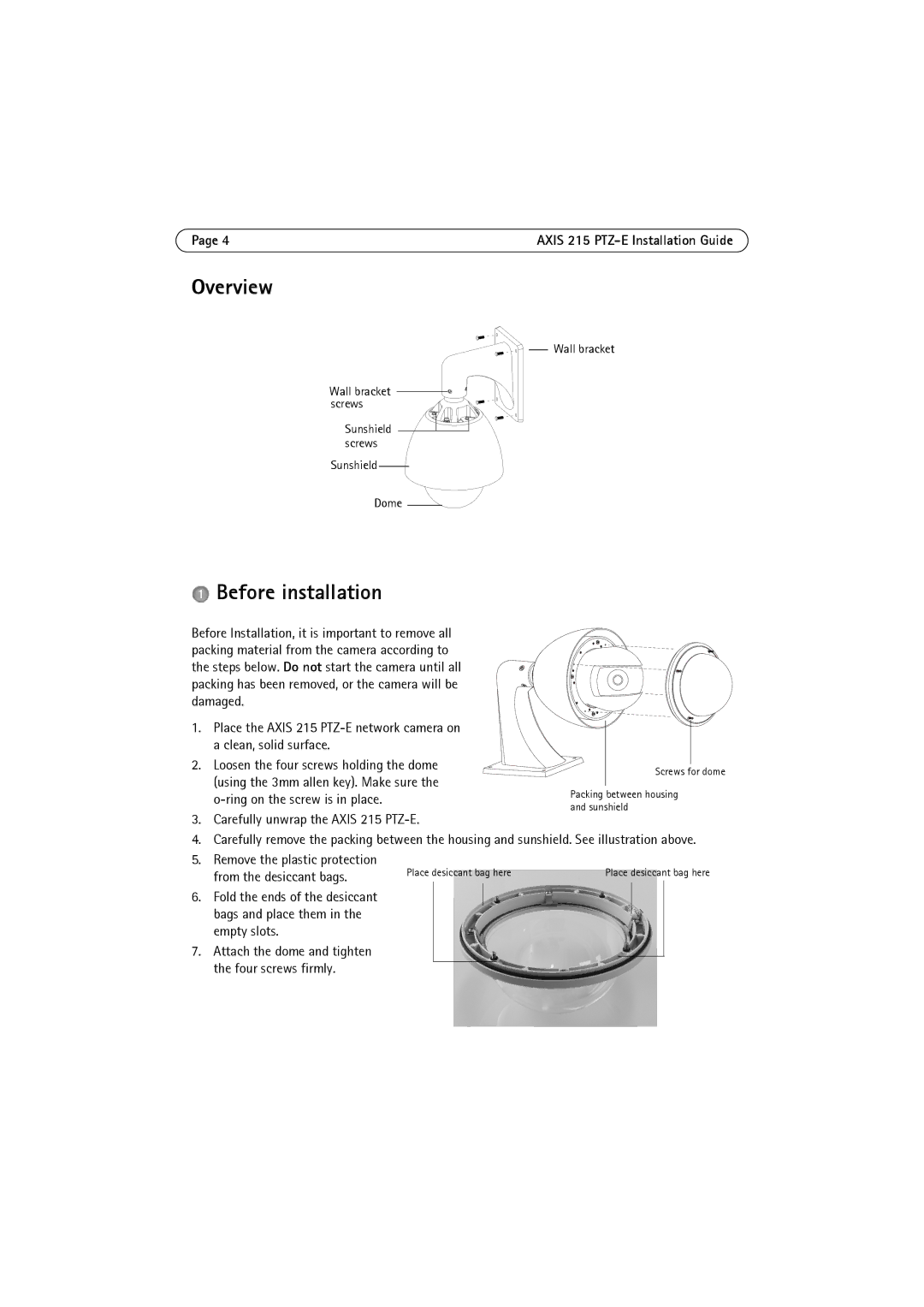 Axis Communications 215 PTZ-E manual Overview, Before installation, Sunshield Dome Wall bracket 