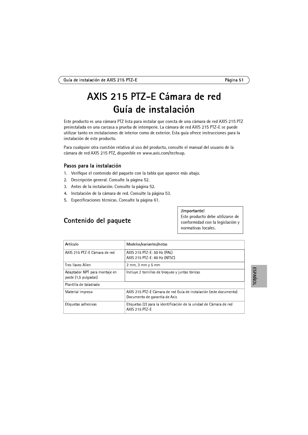 Axis Communications manual Contenido del paquete, Pasos para la instalación, Guía de instalación de Axis 215 PTZ-E 