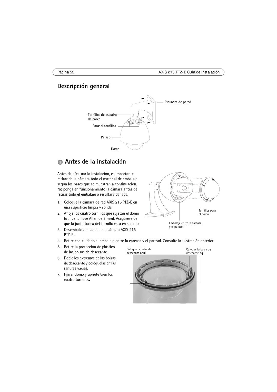 Axis Communications 215 PTZ-E manual Descripción general, Antes de la instalación, Página 