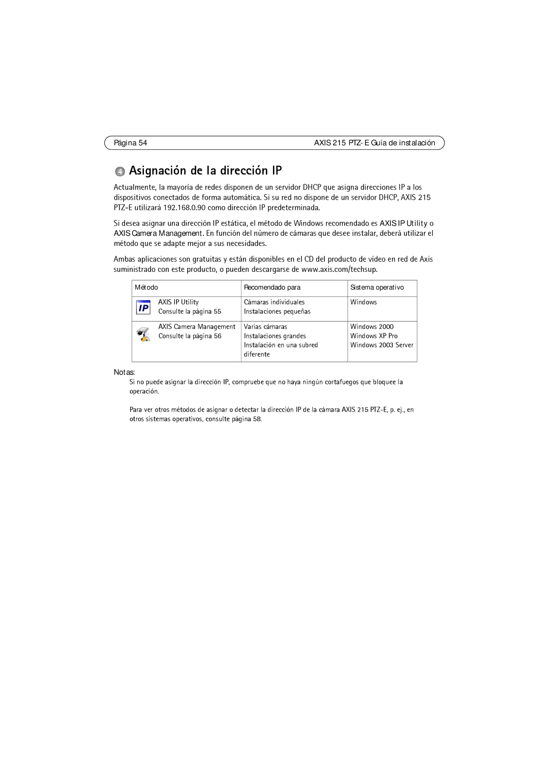 Axis Communications 215 PTZ-E manual Asignación de la dirección IP, Notas, Método Recomendado para, Diferente 