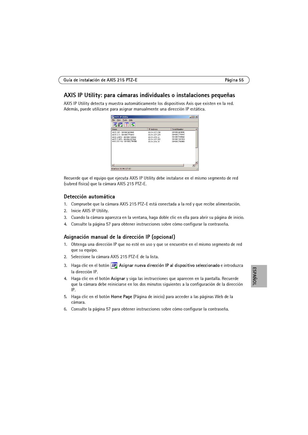 Axis Communications 215 PTZ-E Detección automática, Asignación manual de la dirección IP opcional 