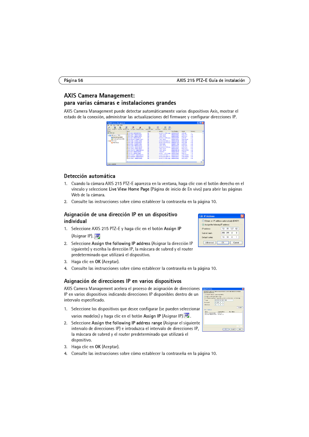 Axis Communications 215 PTZ-E manual Asignación de una dirección IP en un dispositivo individual 