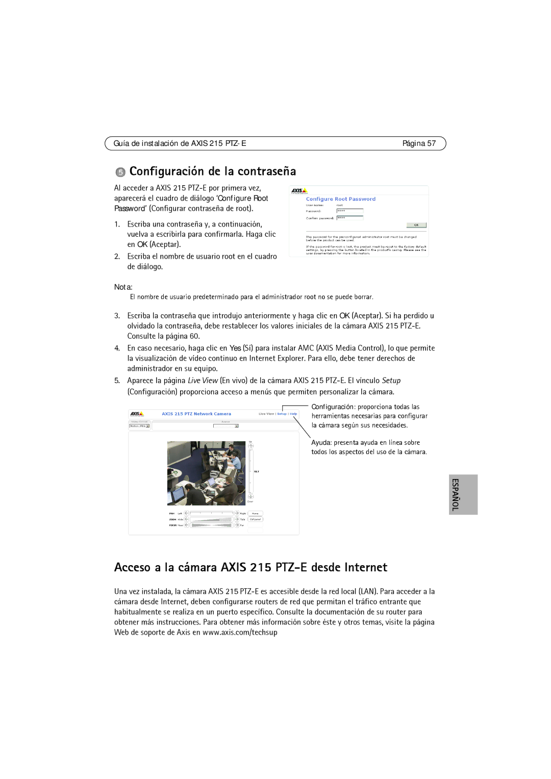 Axis Communications manual Configuración de la contraseña, Acceso a la cámara Axis 215 PTZ-E desde Internet 