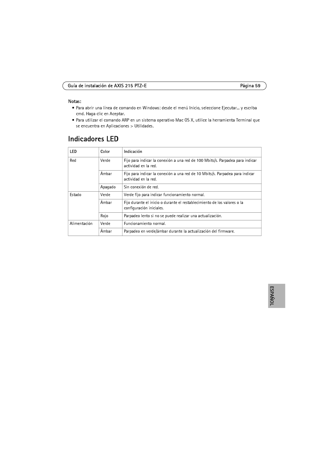 Axis Communications 215 PTZ-E manual Indicadores LED, Color Indicación, Red Verde, Actividad en la red, Ámbar 