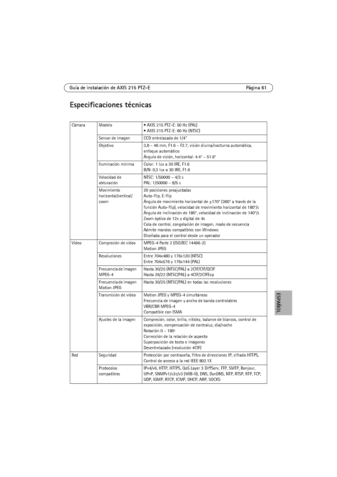 Axis Communications manual Especificaciones técnicas, Guía de instalación de Axis 215 PTZ-E Página 