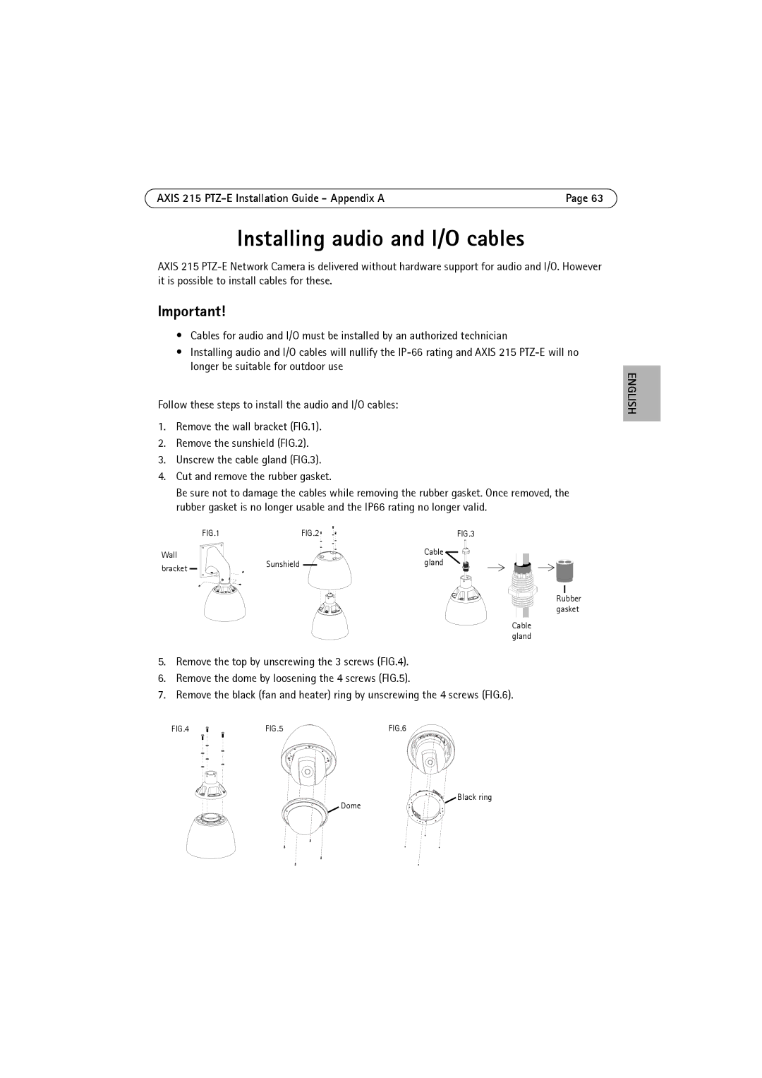 Axis Communications manual Installing audio and I/O cables, Axis 215 PTZ-E Installation Guide Appendix a 