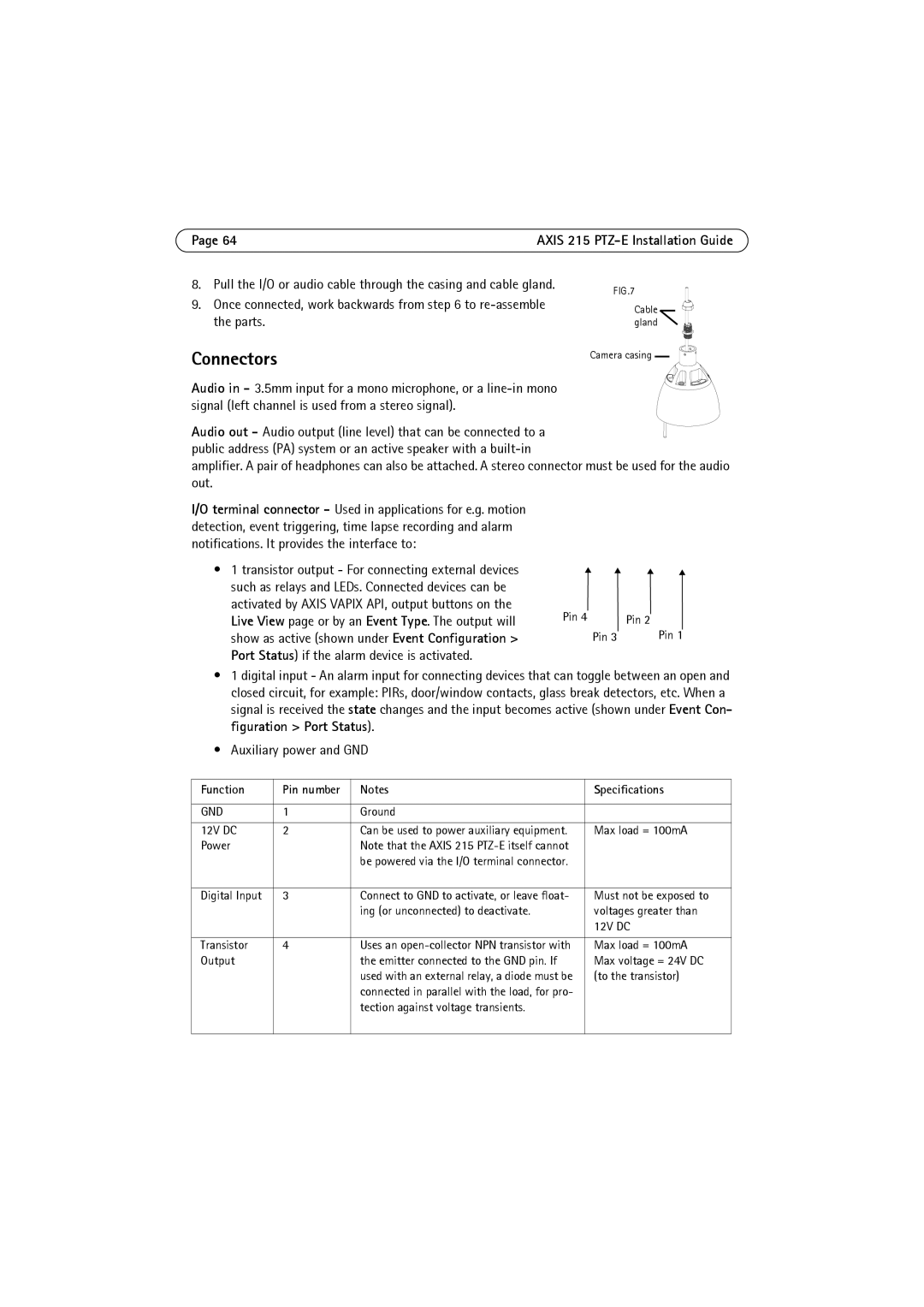 Axis Communications 215 PTZ-E manual Connectors, Function, Specifications 