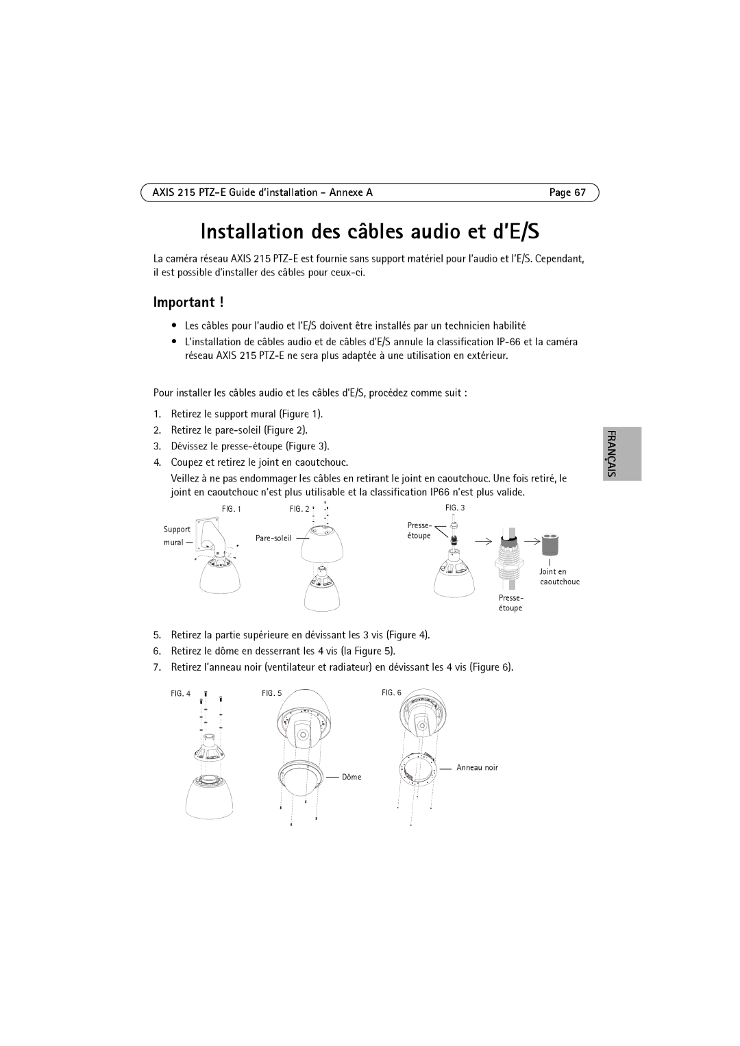 Axis Communications manual Installation des câbles audio et d’E/S, Axis 215 PTZ-E Guide d’installation Annexe a 