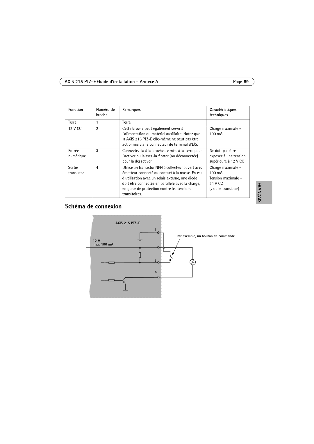 Axis Communications 215 PTZ-E manual Schéma de connexion, Remarques Caractéristiques Broche Techniques 